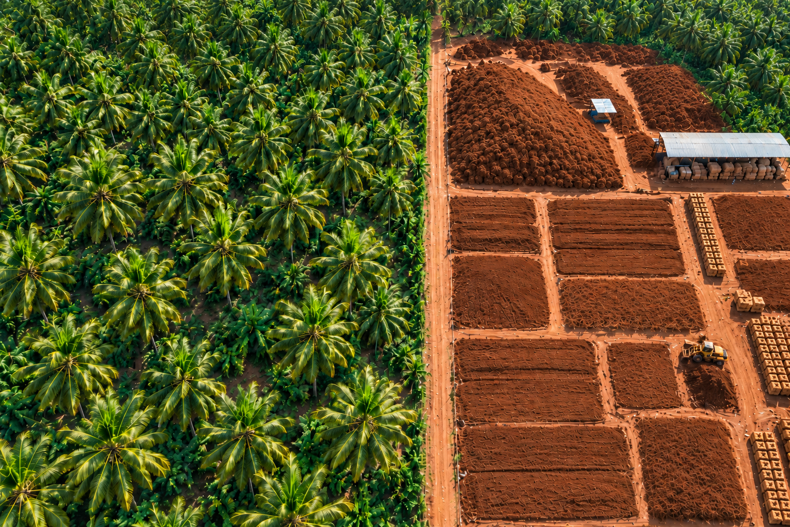 Aerial view of a coconut plantation meeting a coir drying yard, with low cloud drifting across