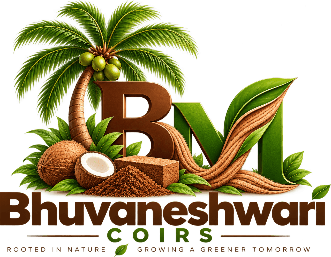 The Bhuvaneshwari Coirs brand mark: a coconut palm, whole and split coconuts, a cocopeat block and loose cocopeat, and coiled coir rope framing the initials B and M, with the tagline Rooted in Nature, Growing a Greener Tomorrow