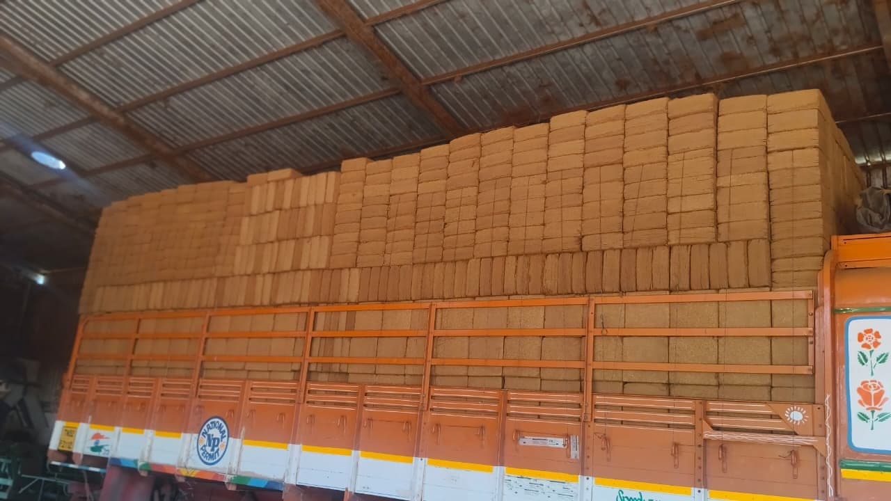 Compressed coir pith blocks stacked to the roof of a lorry, ready for despatch